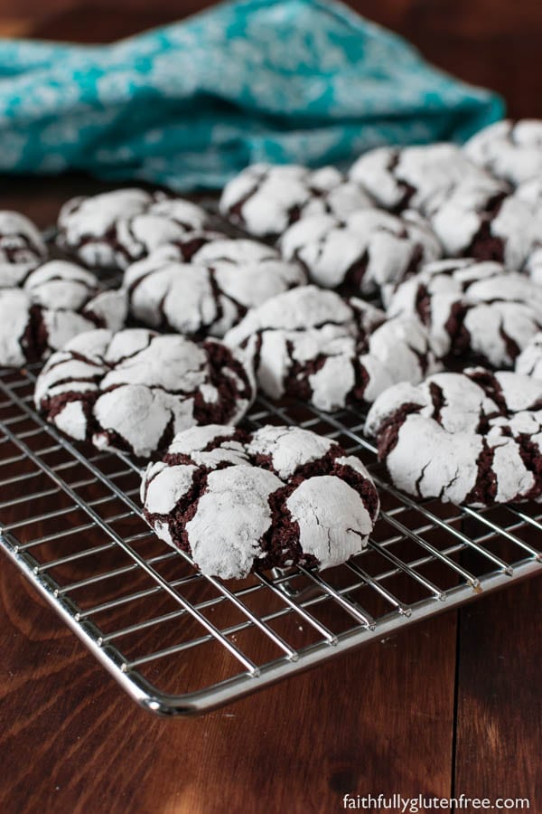 Rolled in powdered sugar, these Fudgy Gluten Free Chocolate Crinkle Cookies are crisp on the outside and soft and chewy on the inside. Who says you can only bake these at Christmas?