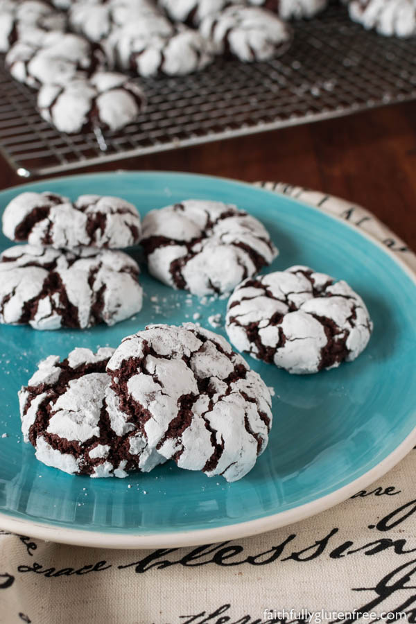 Rolled in powdered sugar, these Fudgy Gluten Free Chocolate Crinkle Cookies are crisp on the outside and soft and chewy on the inside. Who says you can only bake these at Christmas?