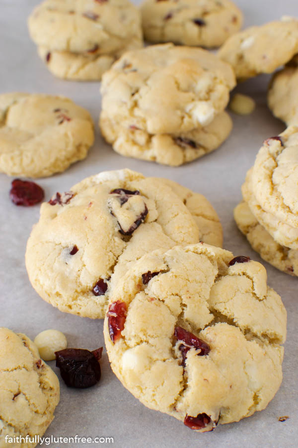 White chocolate cranberry cookies on parchment paper