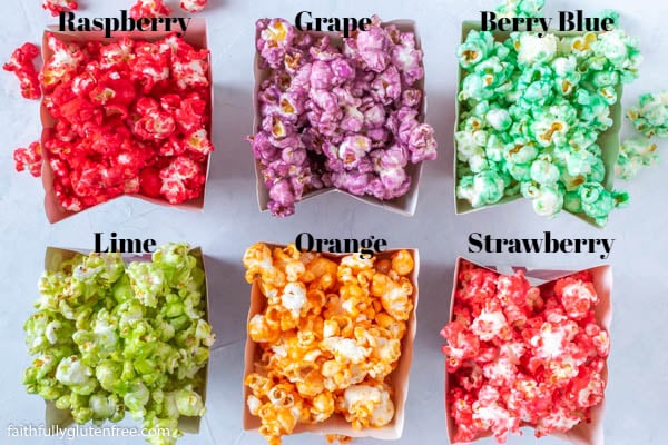 Boxes of colored popcorn