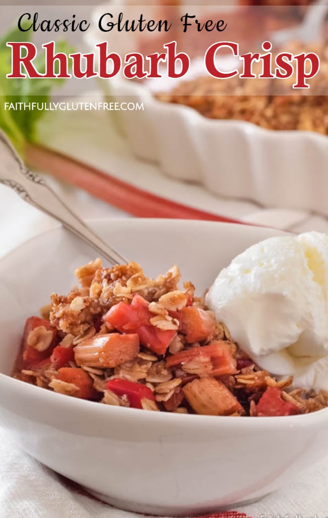 Bowl of Rhubarb Crisp with vanilla ice cream