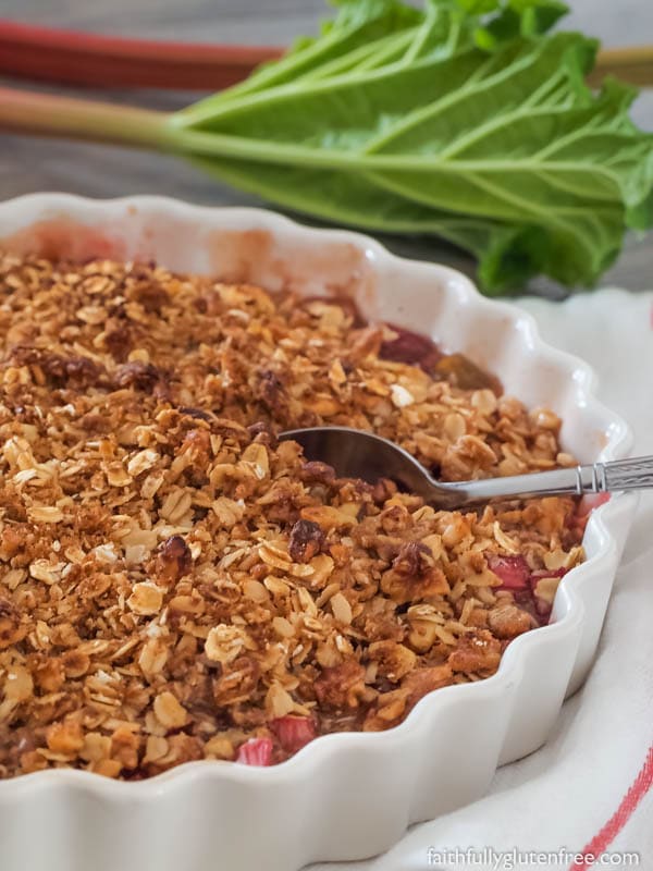 Classic Rhubarb Crisp, made gluten free. The oats & nuts toast up while the rhubarb is becoming a delicious juicy mess.