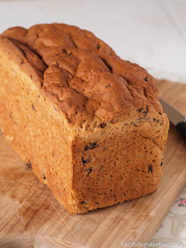 I wish you could smell the aroma of this gluten free Oatmeal Cinnamon Raisin Bread baking. I love this fresh bread - with cinnamon, oats, and studded with plump raisins - smothered with butter and sprinkled with cinnamon and sugar. Yum!