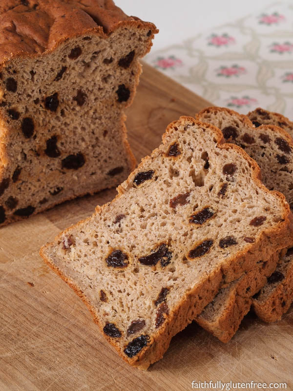 I wish you could smell the aroma of this gluten free Oatmeal Cinnamon Raisin Bread baking. I love this fresh bread - with cinnamon, oats, and studded with plump raisins - smothered with butter and sprinkled with cinnamon and sugar. Yum!