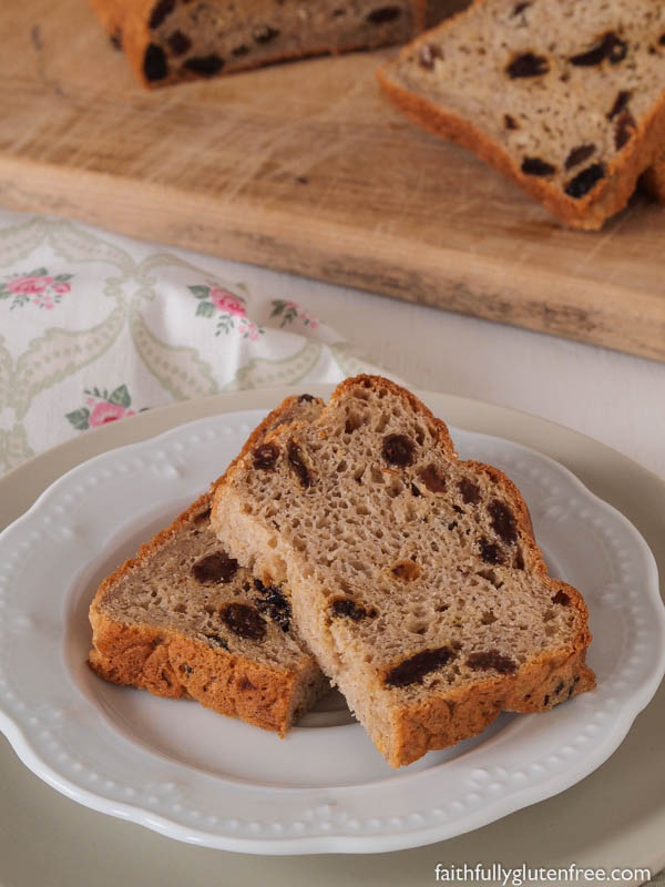 I wish you could smell the aroma of this gluten free Oatmeal Cinnamon Raisin Bread baking. I love this fresh bread - with cinnamon, oats, and studded with plump raisins - smothered with butter and sprinkled with cinnamon and sugar. Yum!