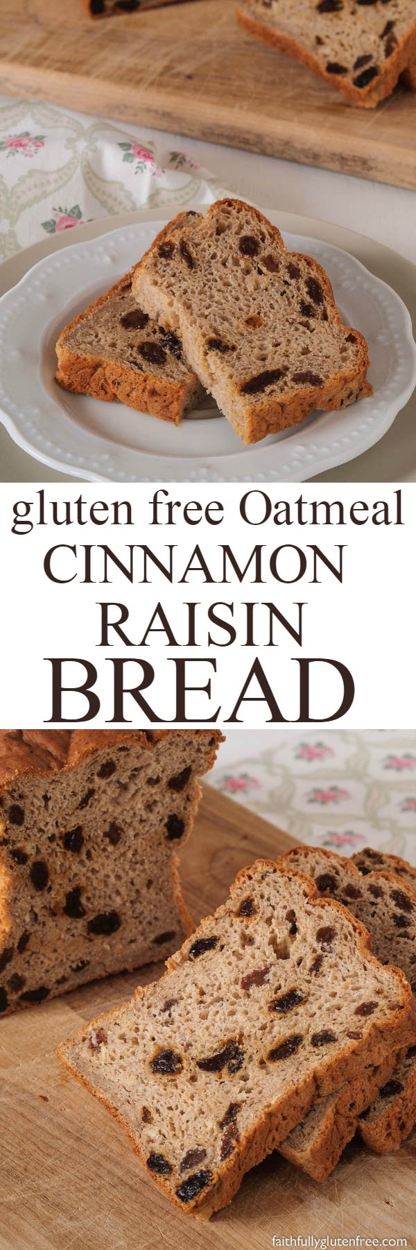 I wish you could smell the aroma of this gluten free Oatmeal Cinnamon Raisin Bread baking. I love this fresh bread - with cinnamon, oats, and studded with plump raisins - smothered with butter and sprinkled with cinnamon and sugar. Yum!