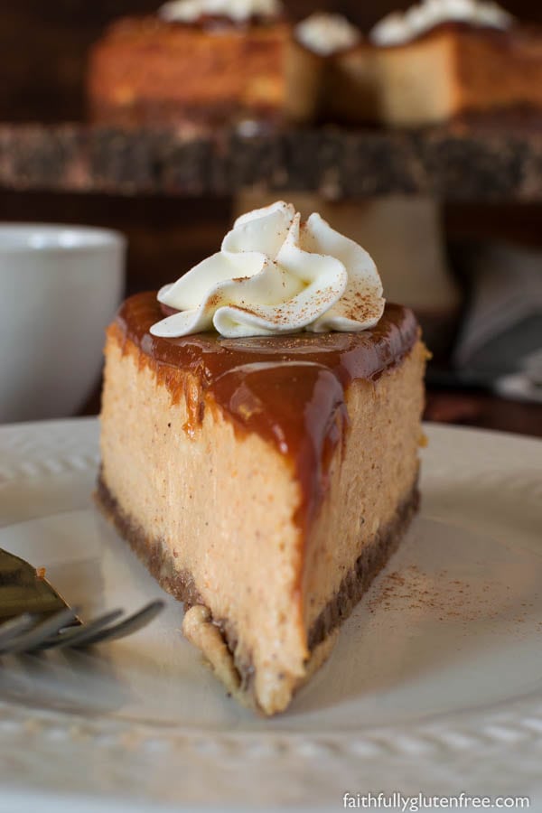 Indulge in this gluten free Pumpkin Cheesecake, with it's velvety texture, warming spices, and nutty crust, everyone is sure to ask for another slice.