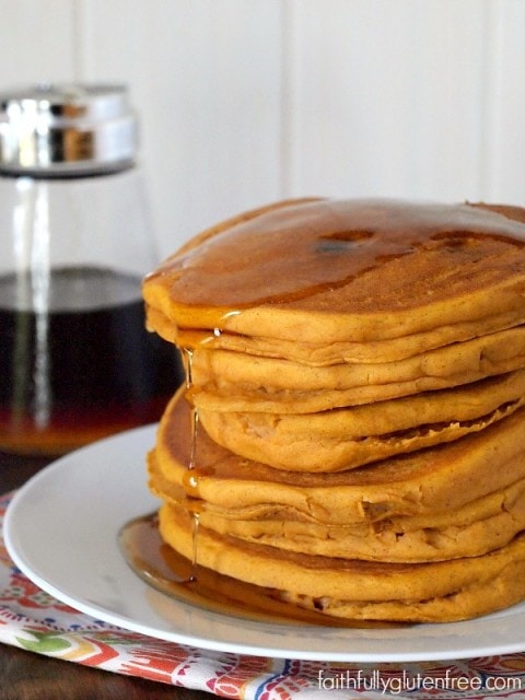 Weekends scream for a stack of gluten free Pumpkin Pancakes from Faithfully Gluten Free