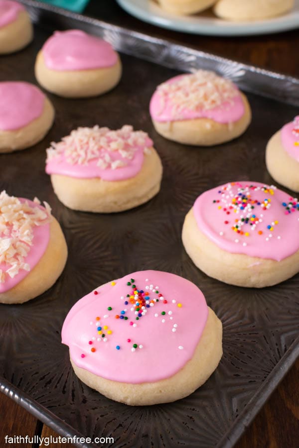 baking sheet with pink cream cookies