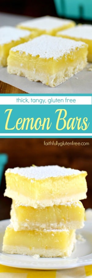 A plate with a big, beautiful piece of gluten free Lemon Bars with a thick layer of lemon curd and sprinkled with powdered sugar on top.