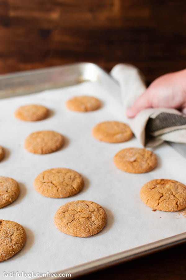 A baking pan of gluten free Gingersnap Cookies