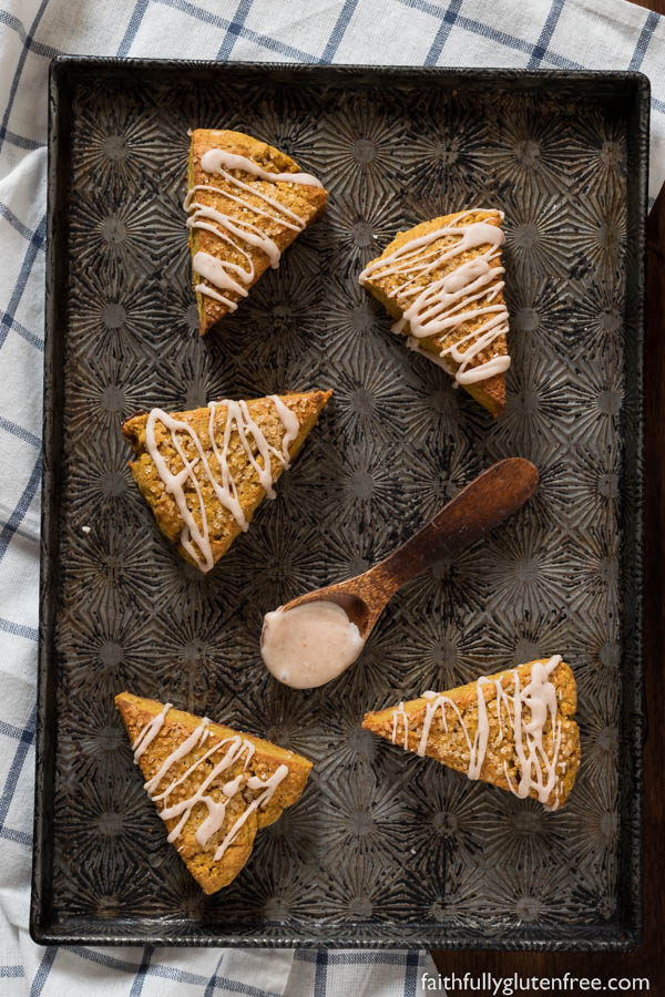 Similar to the seasonal scones offered at Starbucks, these light, fluffy gluten free Pumpkin Scones are filled with the moisture of pumpkin, and the beautiful, comforting aroma of pumpkin pie spice.