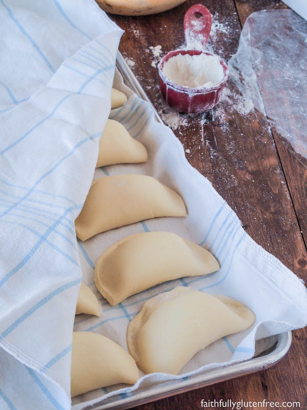 Tray of uncooked perogies (pierogi)