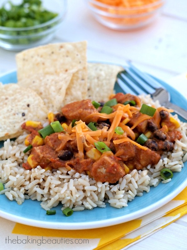 Ready in under 30 minutes! Mexican Chicken Skillet Dinner by The Baking Beauties. Great on rice, pasta, in a burrito, or on nachos. #chickendotca