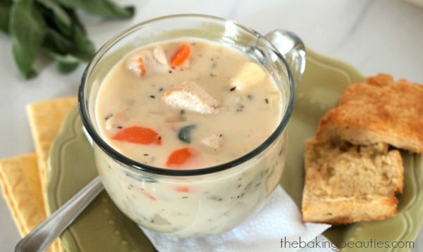 Warm up with this hearty Creamy Turkey Soup with Sage from The Baking Beauties