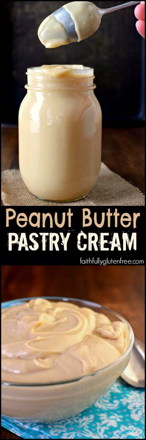 This gluten free Peanut Butter Pastry Cream is perfect in Eclairs, cream puffs, between cake layers, or just with a spoon.