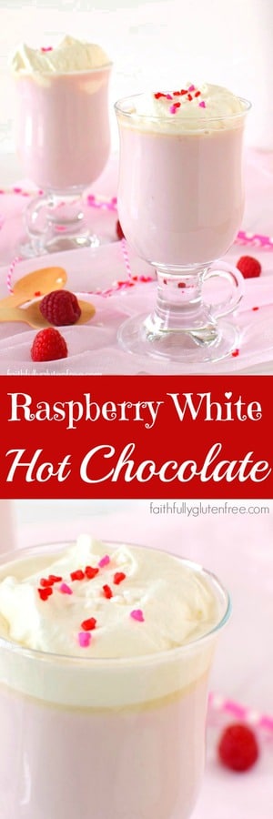 Warm up with this fun Raspberry White Hot Chocolate from Faithfully Gluten Free