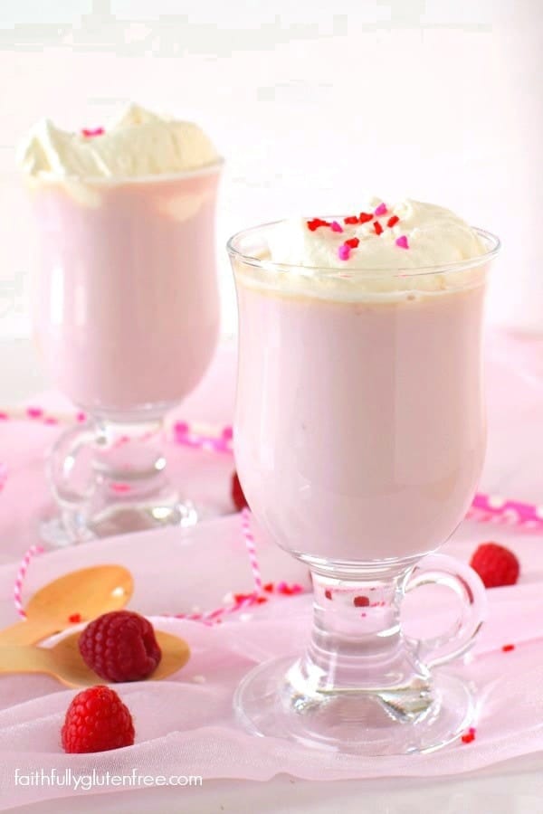 Warm up with this fun Raspberry White Hot Chocolate from Faithfully Gluten Free
