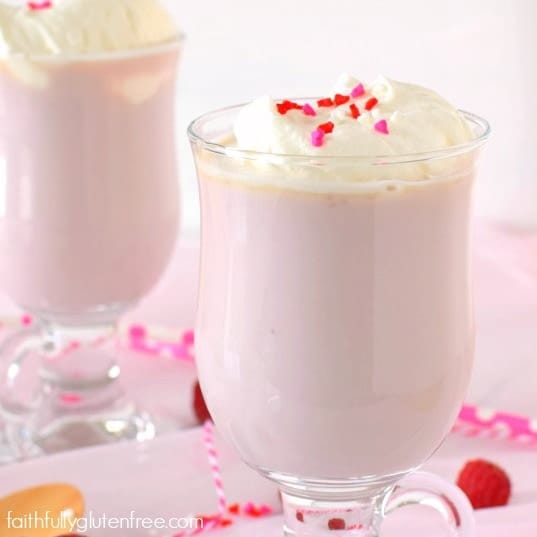 Warm up with this fun Raspberry White Hot Chocolate from Faithfully Gluten Free