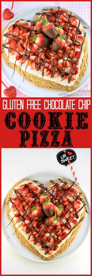 What a cute dessert for Valentine's Day! Gluten Free Chocolate Chip Cookie Pizza from Faithfully Gluten Free