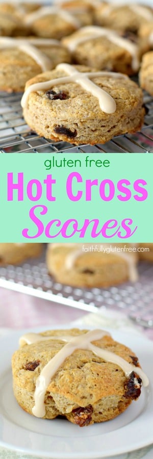 Filled with raisins and spices, these gluten free Hot Cross Scones are hot from the oven in under 30 minutes, making them perfect for Easter brunch.