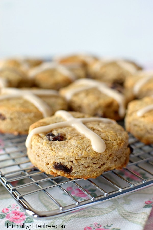 Filled with raisins and spices, these gluten free Hot Cross Scones are hot from the oven in under 30 minutes, making them perfect for Easter brunch.