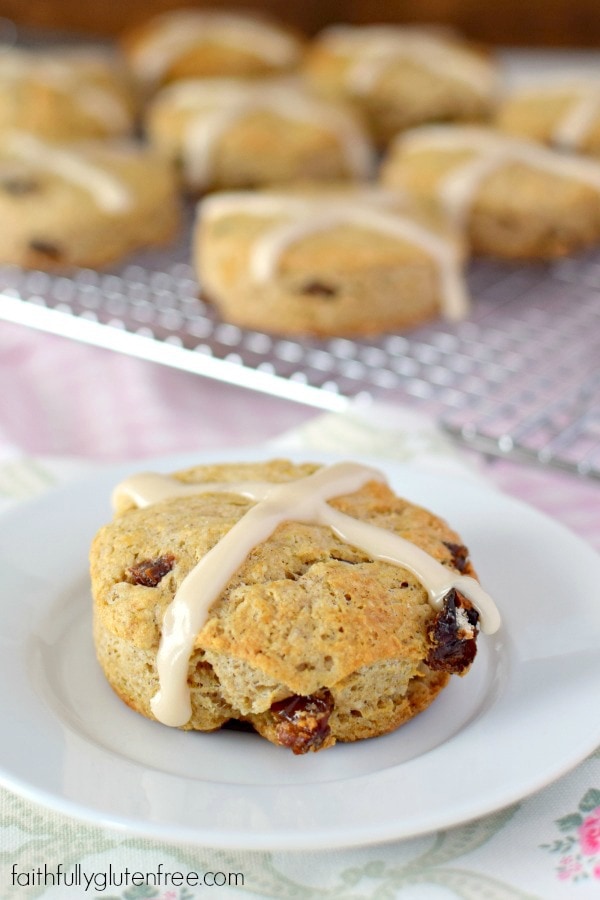 Filled with raisins and spices, these gluten free Hot Cross Scones are hot from the oven in under 30 minutes, making them perfect for Easter brunch.