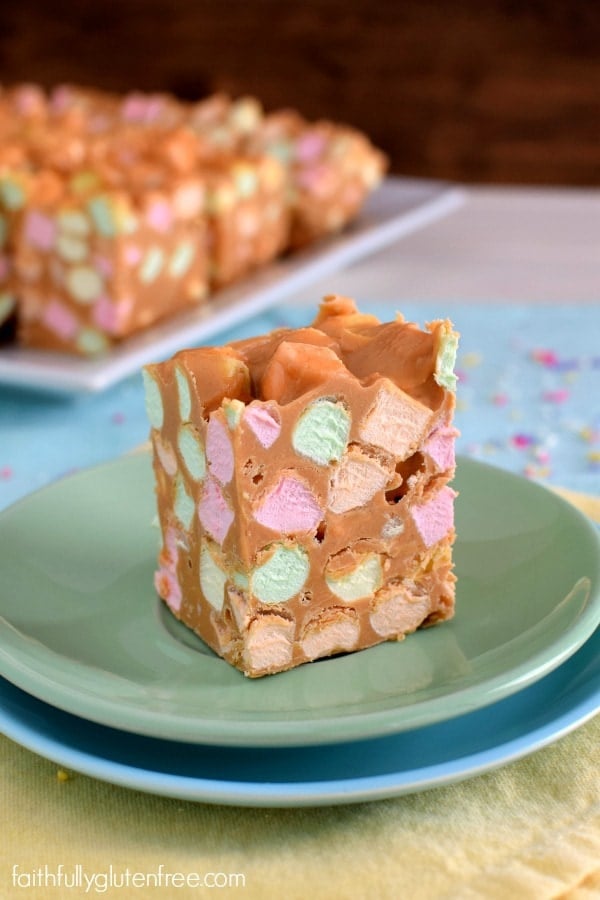 A piece of Butterscotch Confetti Squares with colorful marshmallows