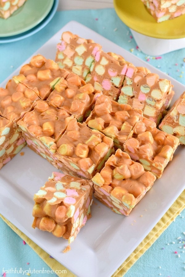 A piece of Butterscotch Confetti Squares with colorful marshmallows