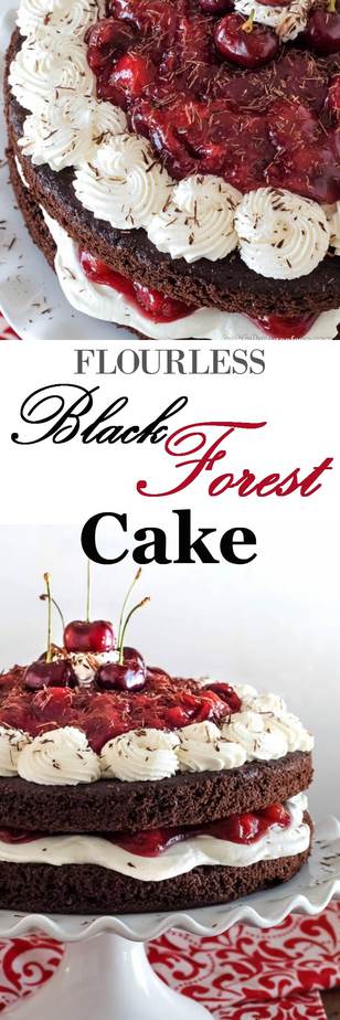 Flourless Black Forest Cake - no special flours needed to create this decadent dessert! A quinoa chocolate cake, whipped cream, and homemade cherry pie filling. Perfect!