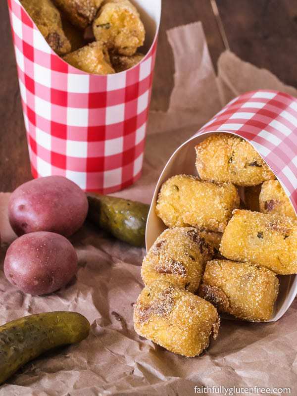 Fried Potato Pickle Pops - These are so good! Creamy mashed potato, chopped dill pickle, coated in cornmeal.