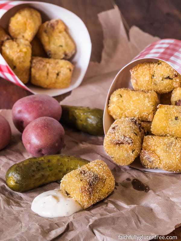 Fried Potato Pickle Pops - These are so good! Creamy mashed potato, chopped dill pickle, coated in cornmeal.