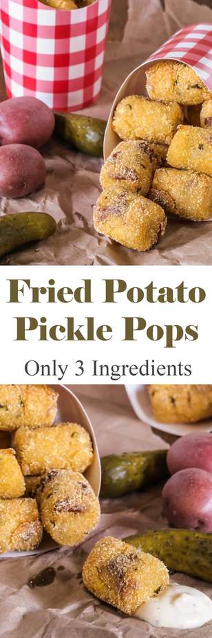 Fried Potato Pickle Pops - These are so good! Creamy mashed potato, chopped dill pickle, coated in cornmeal.