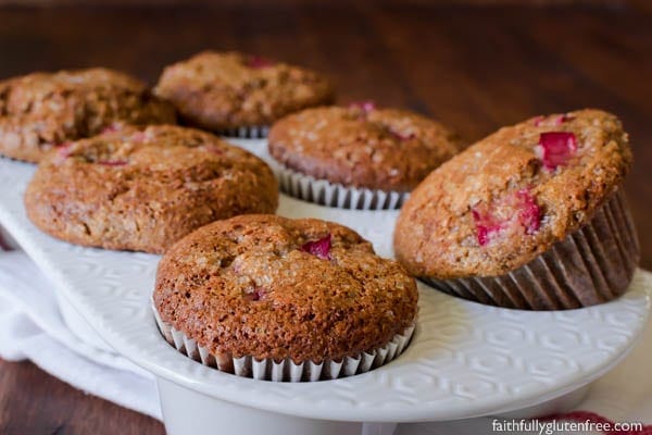 A muffin tin full of fresh gluten free rhubarb muffins.