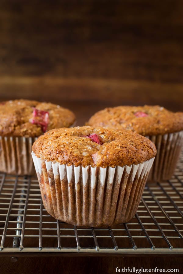 Gluten free Rhubarb Muffins on a cooling rack