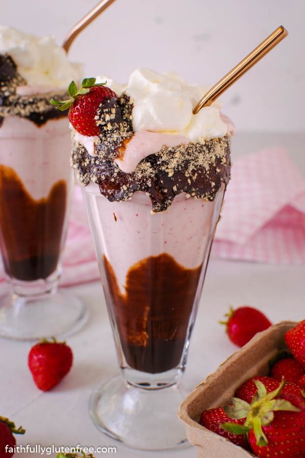 a glass of Strawberry milkshake with chocolate