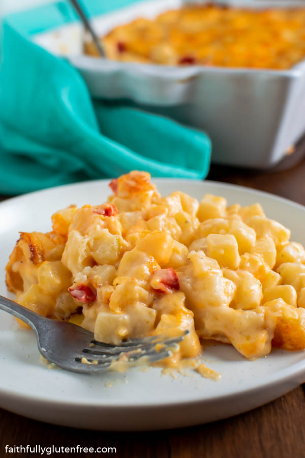 A plate with cheesy hash brown casserole