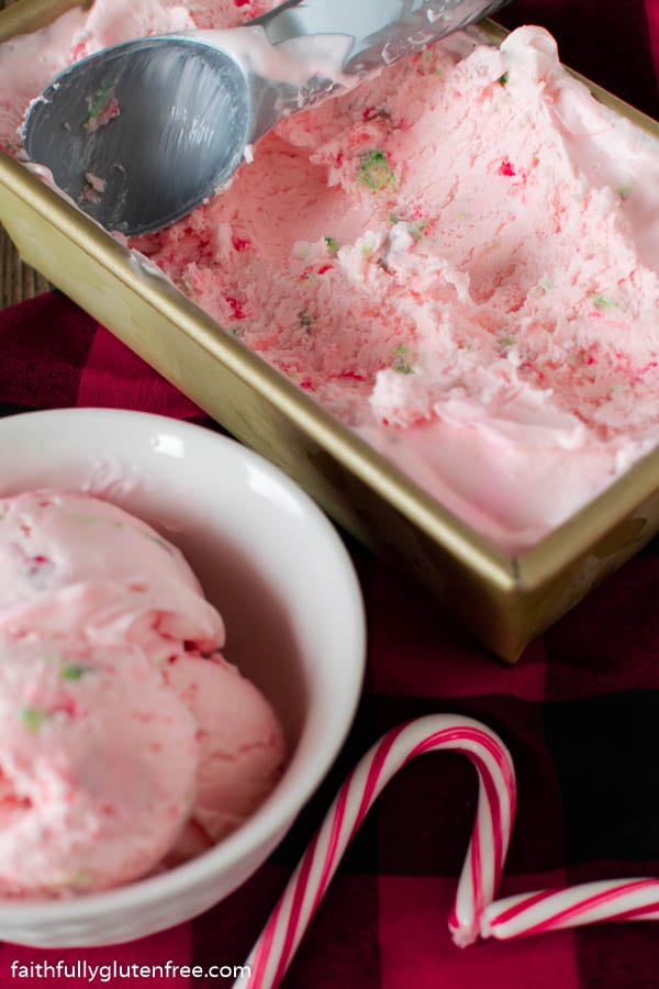 a bowl of no churn candy cane ice cream