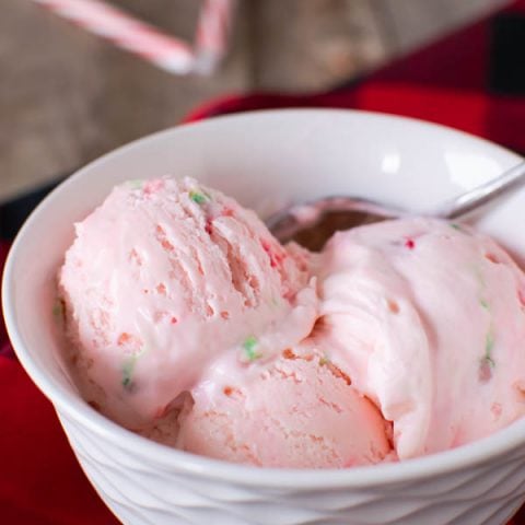 a bowl of pink peppermint stick ice cream