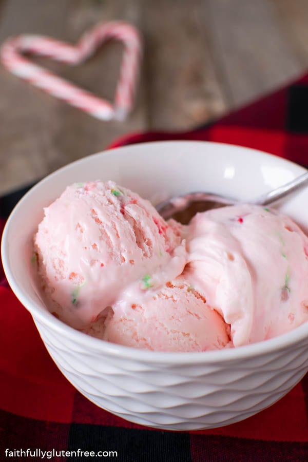 a bowl of pink peppermint stick ice cream